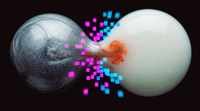 Abstract fluid spheres merging with digital pixel particles