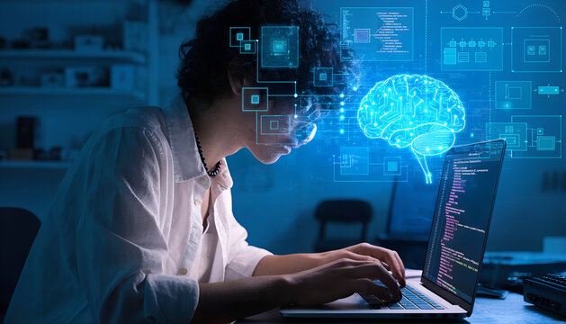 Developer coding with augmented reality brain interface and futuristic digital overlays