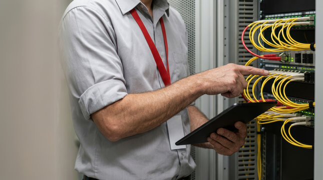 Network engineer data center server rack ethernet cable maintenance technician tablet information technology system admin connection Network engineer data center checking server rack ethernet