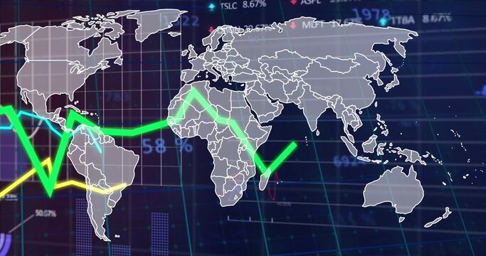 Displaying world map overlay on dark blue dashboard, tracing neon trend lines, bars and percentages