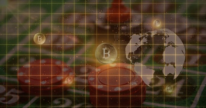 Showing red casino chips resting on green felt, glowing Bitcoin icon and golden grid overlay