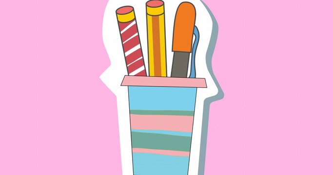 Displaying blue-striped cup sitting inside white head silhouette on pastel pink field, with pencils
