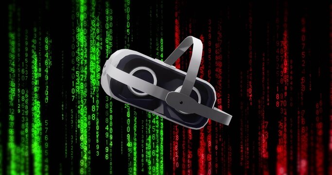 Floating VR headset tilting clockwise in abstract digital field, metallic straps and green-red code