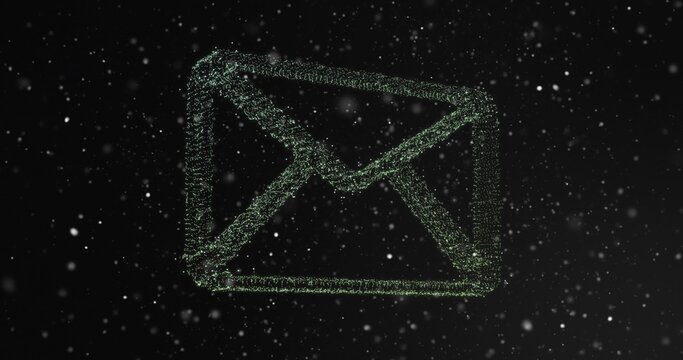 Glowing green particle-based envelope icon hovering in black void, with floating particle cloud