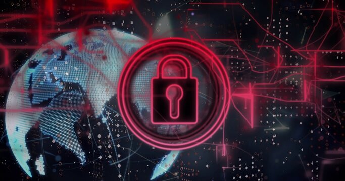 Glowing padlock hovering over dotted globe in cyberspace, with network nodes and magenta circuits