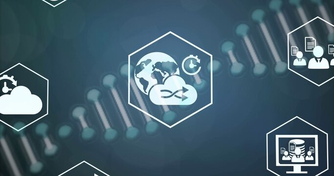 Displaying central hexagonal icon showing global cloud sync in digital dashboard, with DNA motif