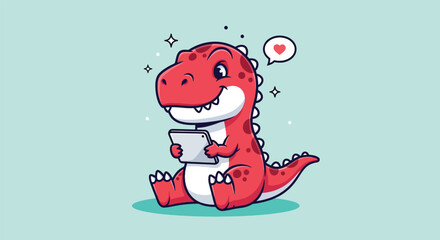 Cute red dinosaur cartoon character playing with a digital tablet vector illustration. © NFS Studio