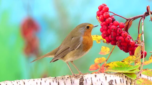Robin or redbreast (Erithacus rubecula), struts on a birch trunk alongside red berries of Mountain ash or rowan, quick beam (Sorbus aucuparia)