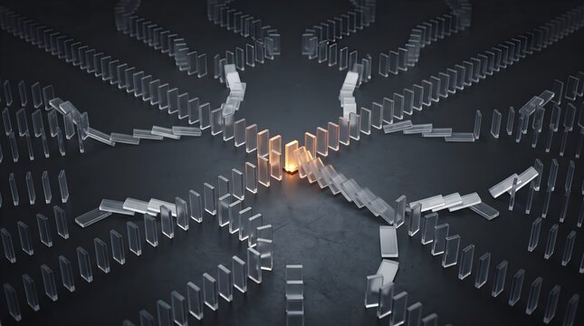 Transparent acrylic domino tiles form an interconnected geometric arrangement on a dark reflective surface, illustrating network structures, sequential systems, abstract connections.