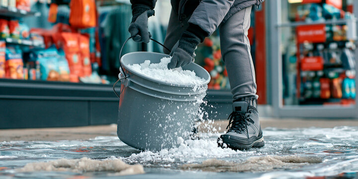 Worker spreading deicing salt from a bucket on an icy sidewalk outside a store during winte