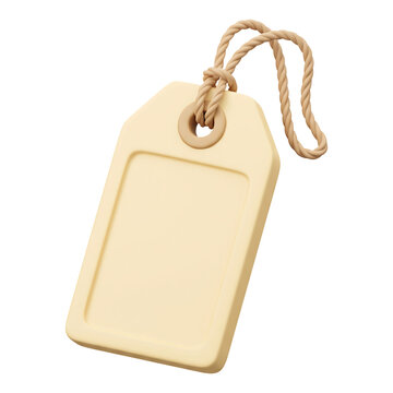 Blank cream price tag with twisted rope string hanging at an angle, retail shopping label, sale discount promotion and product pricing concept