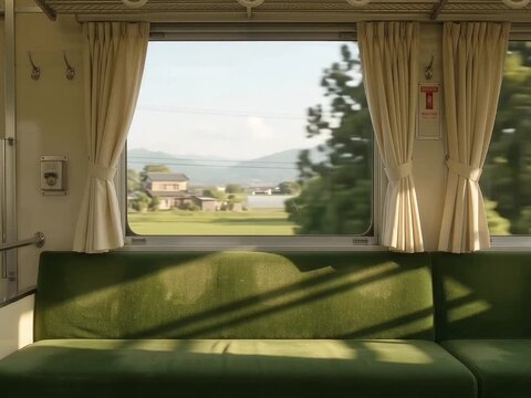 Empty vintage train carriage with green seats and a window view of countryside and mountains passing by