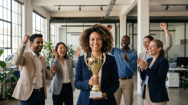 Happy business professionals celebrating achievement and victory with a golden trophy award.
