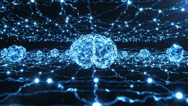 A glowing cerebral organ rests within a massive interconnected network of pulsing synapses representing the complex progression of machine learning algorithms that facilitate advanced cognitive