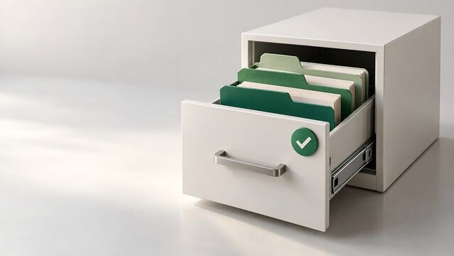 Open filing cabinet drawer with green folders and a checkmark representing organized approved documents