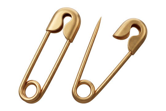 Pair of golden safety pins, one closed and one open, shiny metal fasteners for sewing, tailoring and fashion repair, craft and DIY accessory concept