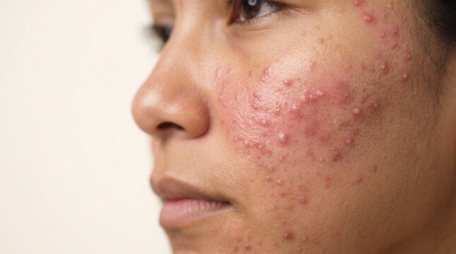 Close up of woman's cheek showing severe skin condition with extensive redness, dense papules and pustules