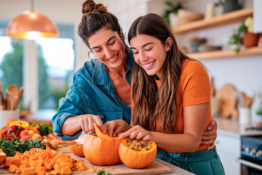 Smiling mother and daughter preparing fresh pumpkin together in a cozy kitchen for a healthy autumn meal