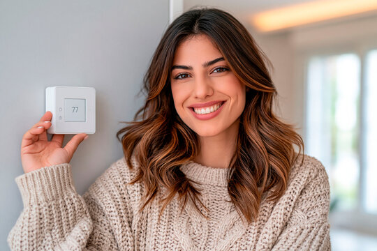 Smiling woman adjusting a smart thermostat at home to control indoor temperature and improve energy efficiency