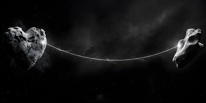 Heart shaped asteroid and rock connected by glowing light beam in deep space