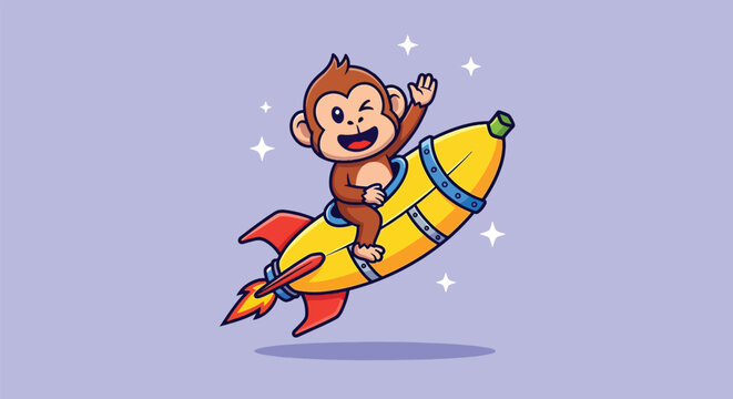 Cute monkey riding a banana rocket ship cartoon illustration.