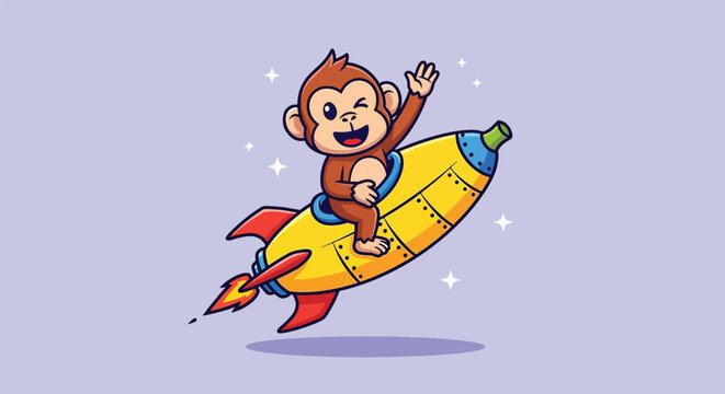Cute monkey riding a yellow space rocket in the galaxy.
