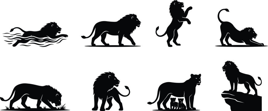 A collection of various lion poses displayed in a classic black and white artistic style featuring a distinct and bold animal themed silhouette