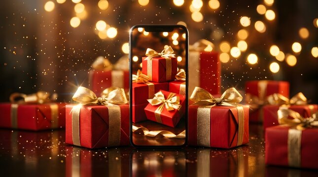 Smartphone displaying christmas gifts with golden ribbons and bokeh lights
