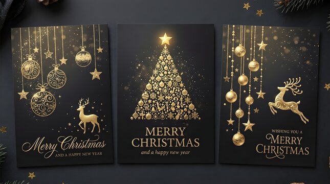 Set of three elegant black and gold christmas greeting cards