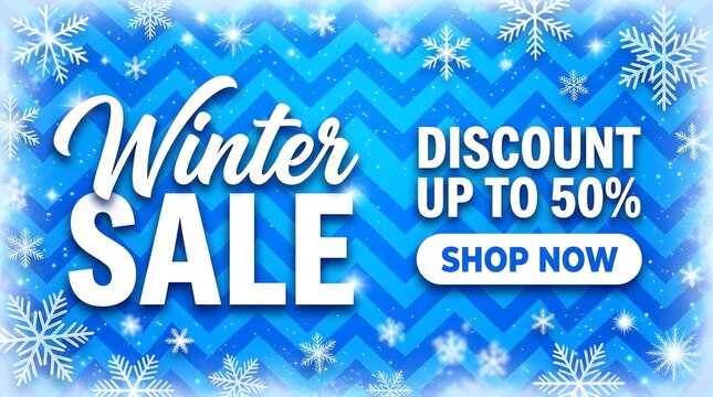 Winter sale banner with snowflakes and discount up to 50 percent