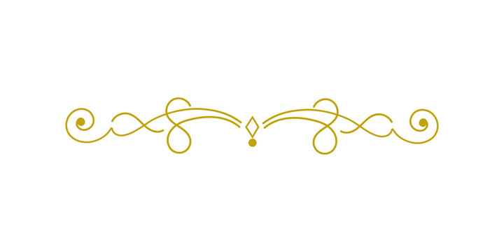 Elegant golden vintage flourish divider, decorative calligraphic border element with swirls and a diamond shape center, ornate victorian style graphic design isolated on transparent background
