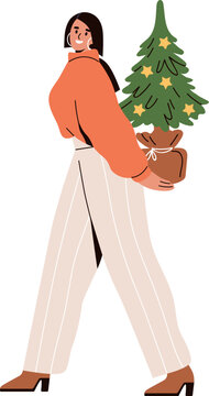 Happy woman holding Christmas tree. Young girl, office worker going, carrying Xmas fir, surprise behind back, preparing for winter holidays. Flat vector illustration isolated on white background.