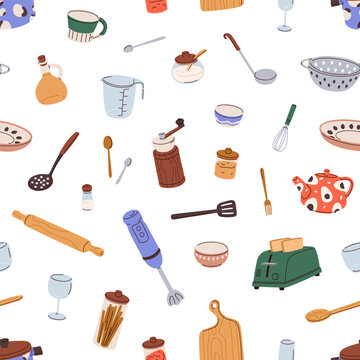 Kitchen utensils pattern. Seamless background design, kitchenware and cutlery. Cooking tools, tableware, cookware, household equipment, stuff, repeating print. Colored flat graphic vector illustration