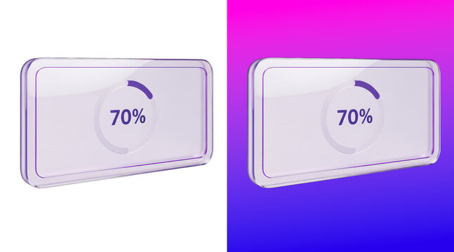 Glassy rectangular progress bar loading icon showing seventy percent, isolated on white surface