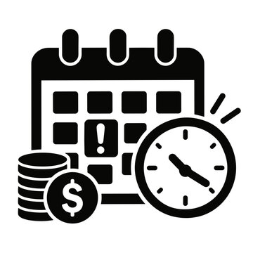 Financial Payment Due Date Calendar and Clock Silhouette Icon Vector Illustration