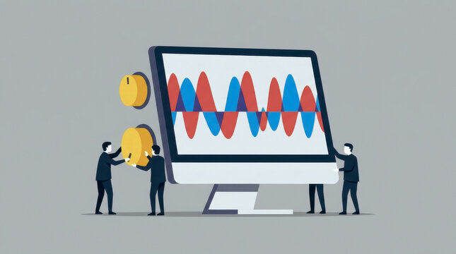 Business professionals adjusting data visualization on a computer screen