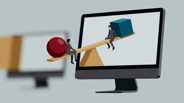 Business people balancing on a seesaw with a sphere and a cube