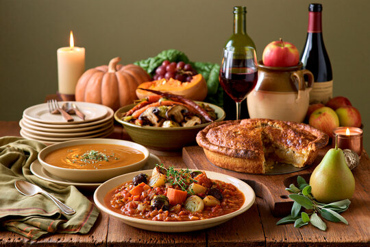 Autumn harvest dinner table with pumpkin soup, vegetable stew, savory pie, roasted vegetables, fruit and red wine
