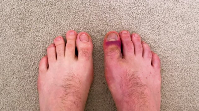 Close-up view of male feet showing a bruised toe on the right foot, with visible swelling and discoloration against a light-colored carpet background