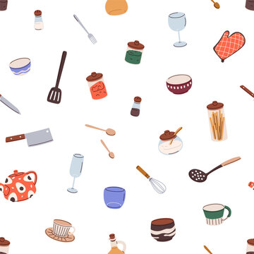Kitchenware pattern.Seamless background, kitchen utensils, ware and cutlery. Cook tools, cookware, stuff, repeating print. Endless texture design for fabric. Colored flat graphic vector illustration