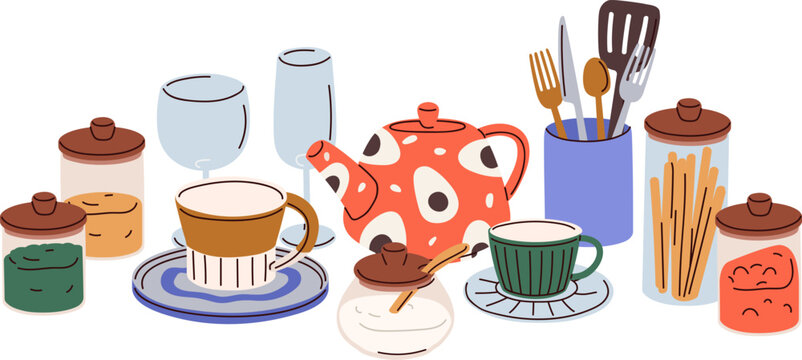 Kitchenware, utensils, household tools composition. Kitchen ware, glassware, cutlery, cups, tea pot, sugar bowl and condiments, spices in jars. Flat vector illustration isolated on white background.
