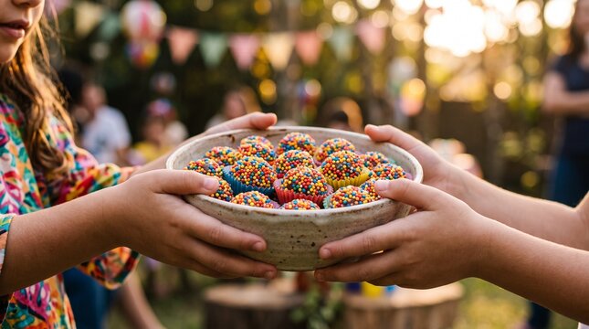 Children sharing a bowl of colorful, frosted treats at an outdoor party