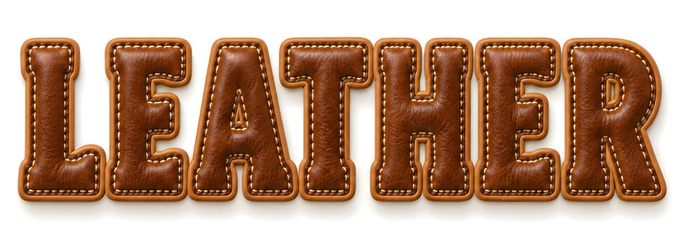 Brown leather text spelling LEATHER in stitched padded letters on white