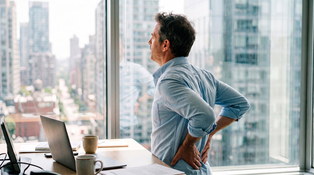 Man experiencing back pain while looking out office window at city skyline