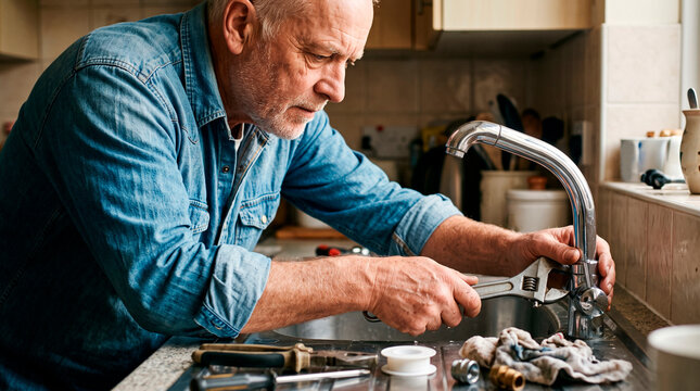 Senior man fixing a kitchen faucet with a wrench