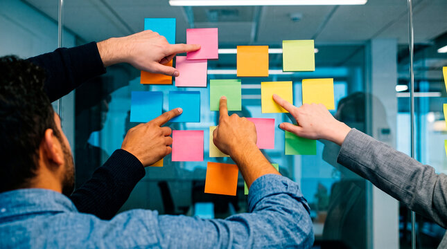 Hands pointing at sticky notes on a glass wall in an office