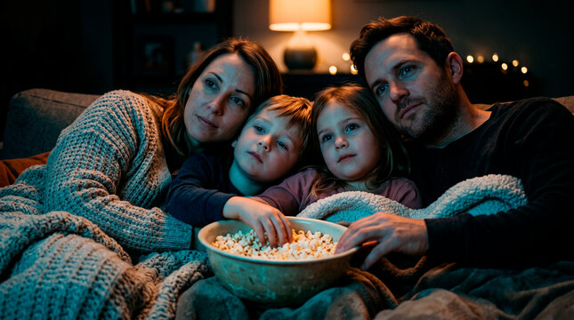 Family watching something and eating popcorn on the sofa in the evening