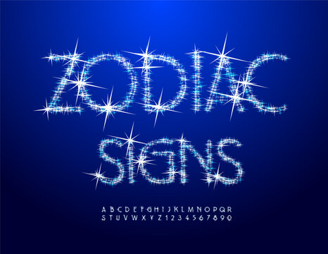 Vector Amazing icon Zodiac Signs. Bright Font with Sparkling Stars. Cool set of Fashion Alphabet Letters and Numbers.