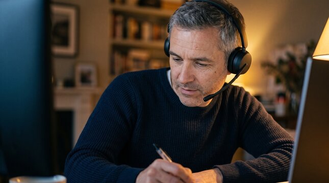 Man wearing headphones working on laptop and writing notes at home office desk
