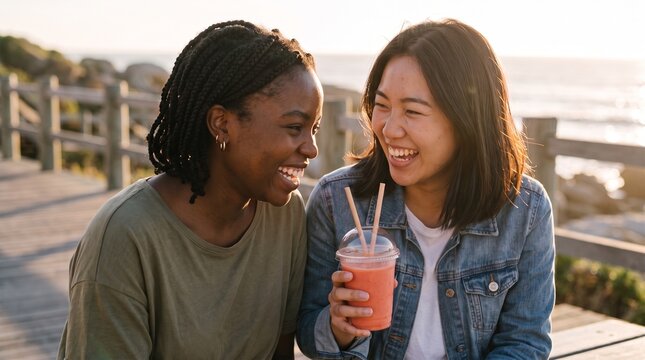 Two diverse young women laughing and sharing a smoothie by the ocean at sunset